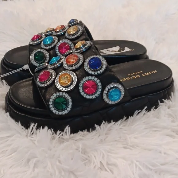 Kurt Geiger Rainbow Rhinestone Gem Crystal Leather Quilted Slip On Sandal New - Picture 9 of 15